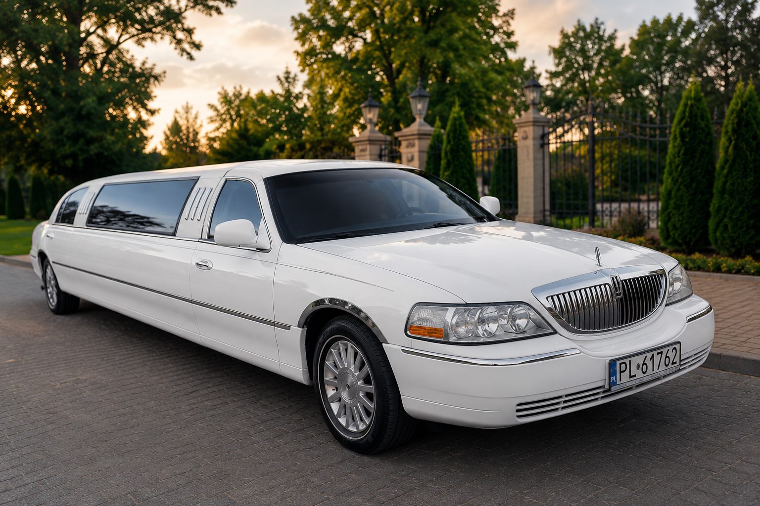 Biała limuzyna Lincoln Town Car przed rezydencją o zachodzie słońca